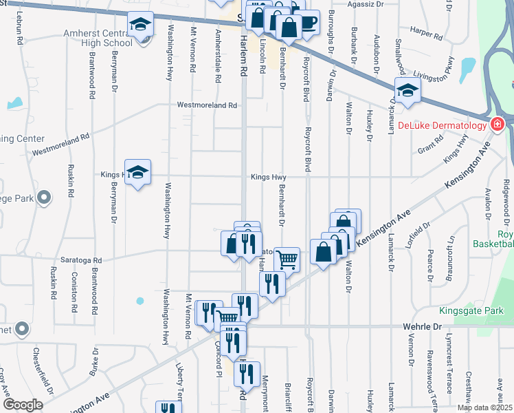 map of restaurants, bars, coffee shops, grocery stores, and more near 113 Hamilton Drive in Buffalo