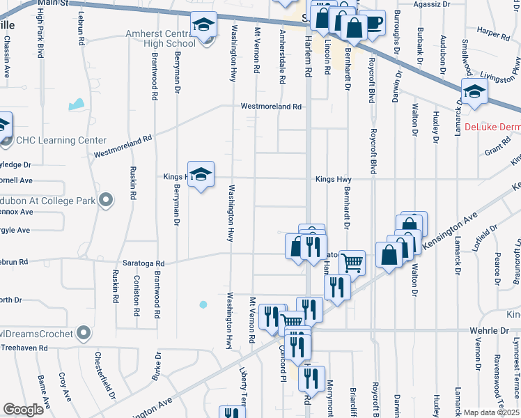 map of restaurants, bars, coffee shops, grocery stores, and more near 291 Mount Vernon Road in Buffalo