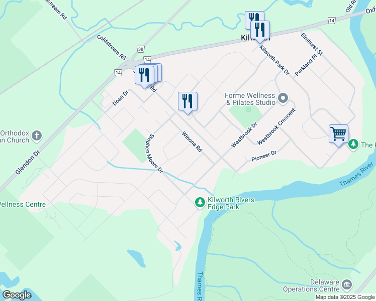 map of restaurants, bars, coffee shops, grocery stores, and more near 45 Winona Road in Komoka