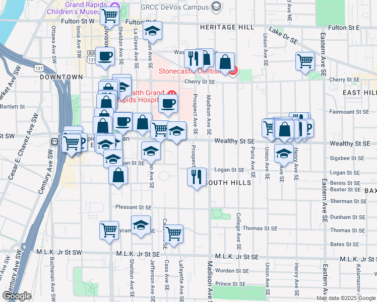 map of restaurants, bars, coffee shops, grocery stores, and more near 408 Prospect Avenue Southeast in Grand Rapids