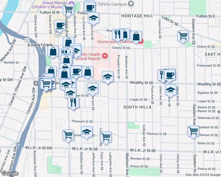map of restaurants, bars, coffee shops, grocery stores, and more near 409 Lafayette Avenue Southeast in Grand Rapids