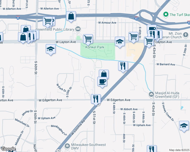 map of restaurants, bars, coffee shops, grocery stores, and more near 4900 South 51st Street in Greenfield