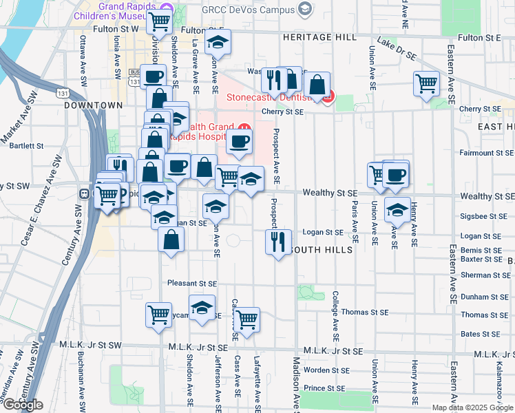 map of restaurants, bars, coffee shops, grocery stores, and more near 409 Lafayette Avenue Southeast in Grand Rapids