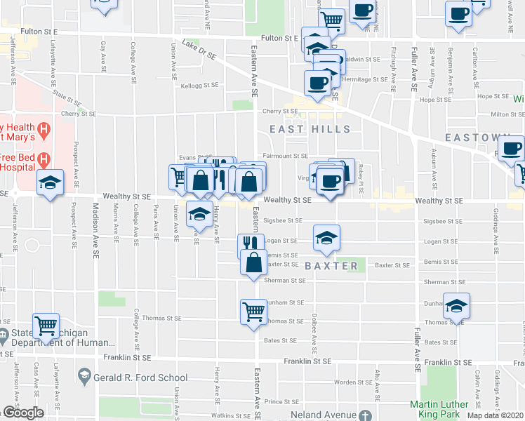 map of restaurants, bars, coffee shops, grocery stores, and more near 414 Eastern Avenue Southeast in Grand Rapids