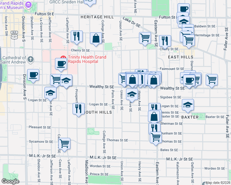 map of restaurants, bars, coffee shops, grocery stores, and more near 556 Wealthy Street Southeast in Grand Rapids
