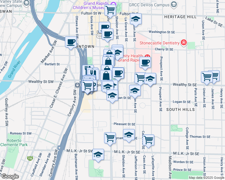 map of restaurants, bars, coffee shops, grocery stores, and more near 424 Division Avenue South in Grand Rapids