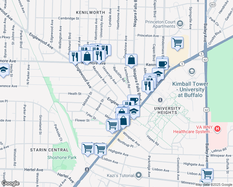 map of restaurants, bars, coffee shops, grocery stores, and more near 33 Montrose Avenue in Buffalo