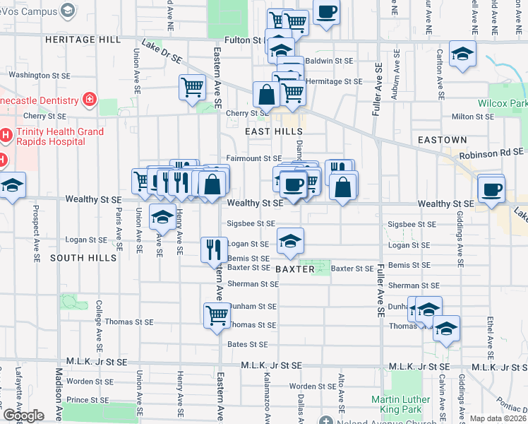 map of restaurants, bars, coffee shops, grocery stores, and more near in Grand Rapids