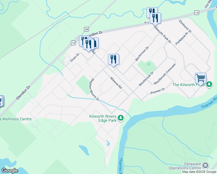 map of restaurants, bars, coffee shops, grocery stores, and more near 12 Daventry Way in Middlesex Centre