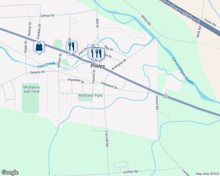 map of restaurants, bars, coffee shops, grocery stores, and more near 8 Pleasant Street in Phelps