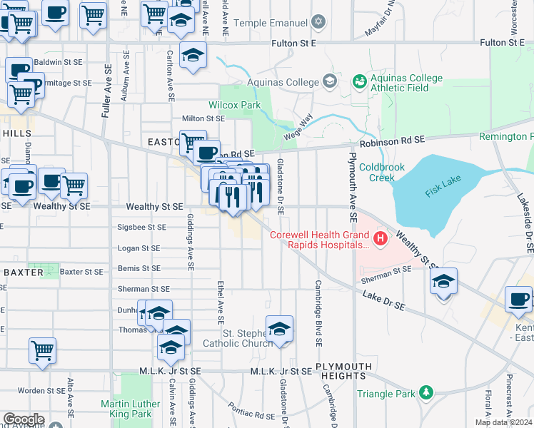 map of restaurants, bars, coffee shops, grocery stores, and more near 1555 Wealthy Street Southeast in Grand Rapids