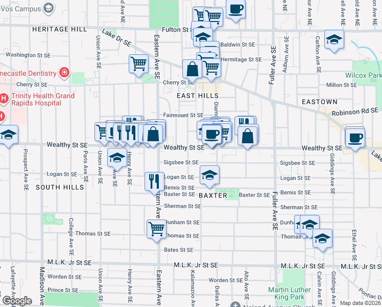 map of restaurants, bars, coffee shops, grocery stores, and more near in Grand Rapids