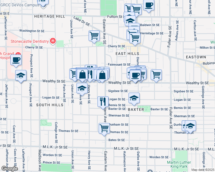 map of restaurants, bars, coffee shops, grocery stores, and more near 816 Wealthy Street Southeast in Grand Rapids