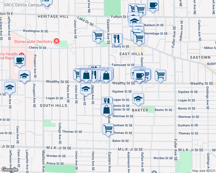 map of restaurants, bars, coffee shops, grocery stores, and more near 742 Wealthy Street Southeast in Grand Rapids