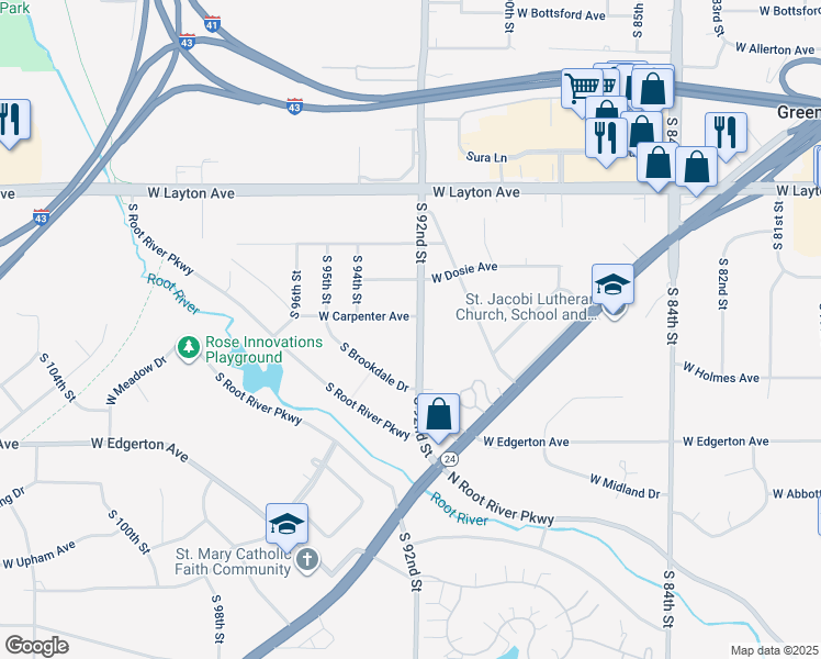 map of restaurants, bars, coffee shops, grocery stores, and more near 9230 West Carpenter Avenue in Greenfield