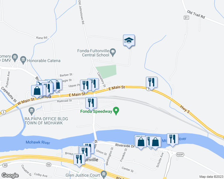 map of restaurants, bars, coffee shops, grocery stores, and more near 60 East Main Street in Fonda