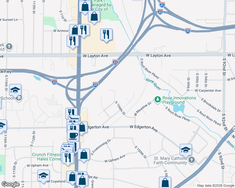 map of restaurants, bars, coffee shops, grocery stores, and more near 10399 Pine Ridge Road in Greenfield