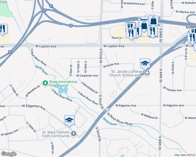 map of restaurants, bars, coffee shops, grocery stores, and more near 9230 West Carpenter Avenue in Greenfield