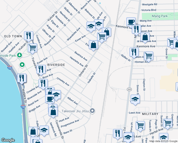 map of restaurants, bars, coffee shops, grocery stores, and more near 15 Upper East Lane in Buffalo