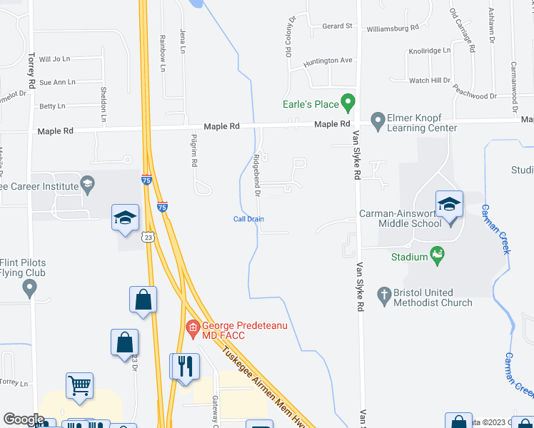 map of restaurants, bars, coffee shops, grocery stores, and more near 5241 Ridgebend Drive in Flint