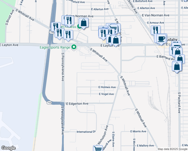 map of restaurants, bars, coffee shops, grocery stores, and more near 2815A East Carpenter Avenue in Cudahy