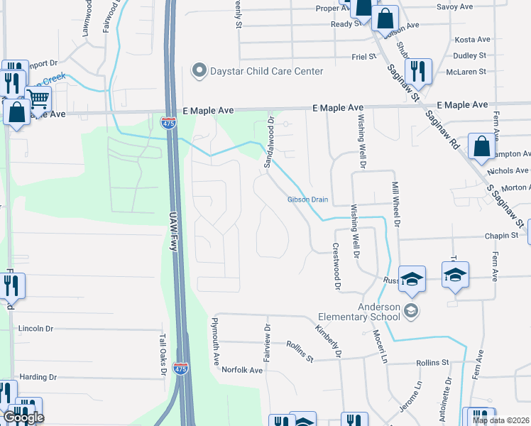 map of restaurants, bars, coffee shops, grocery stores, and more near 5122 Sandalwood Circle in Grand Blanc