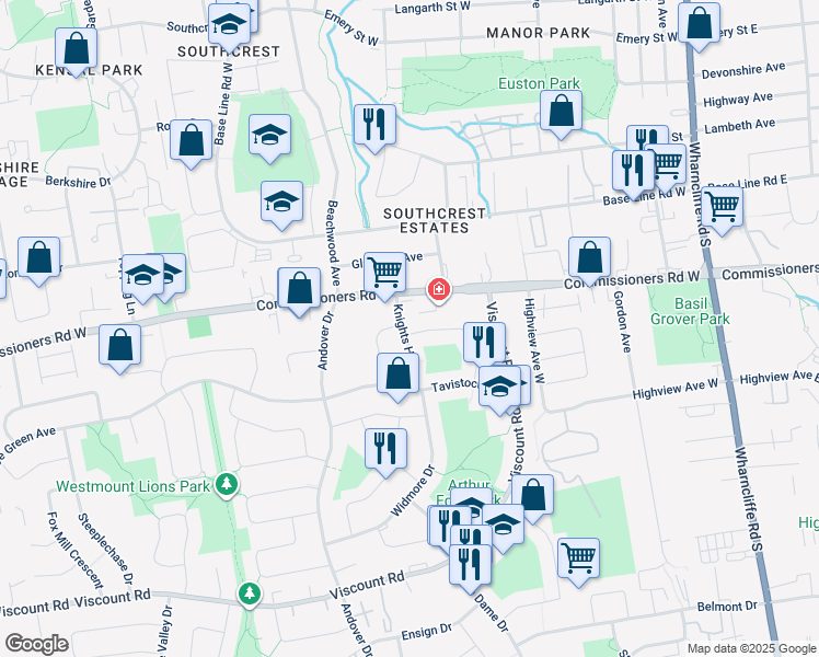 map of restaurants, bars, coffee shops, grocery stores, and more near 551 Knights Hill Road in London