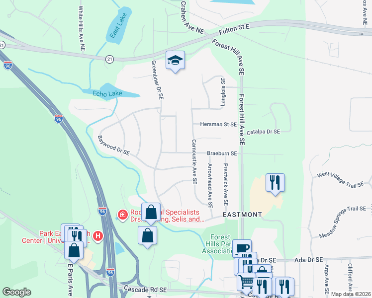 map of restaurants, bars, coffee shops, grocery stores, and more near 4447 Braeburn Southeast in Grand Rapids