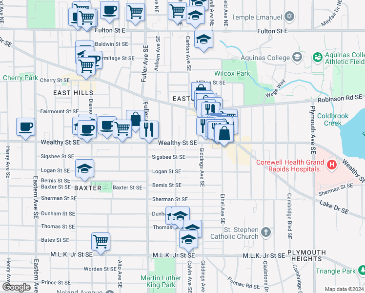 map of restaurants, bars, coffee shops, grocery stores, and more near 1313 Wealthy Street Southeast in Grand Rapids