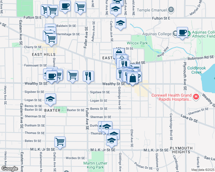map of restaurants, bars, coffee shops, grocery stores, and more near 1313 Wealthy Street Southeast in Grand Rapids