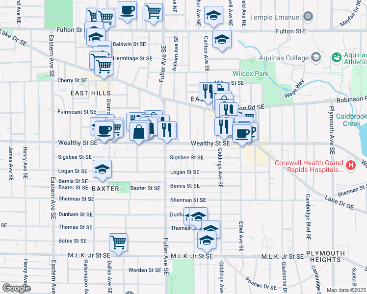 map of restaurants, bars, coffee shops, grocery stores, and more near 1234 Wealthy Street Southeast in Grand Rapids