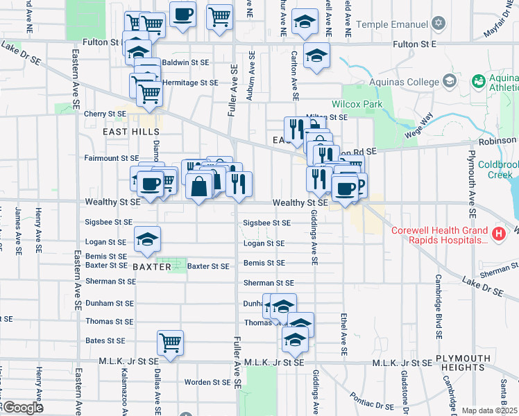 map of restaurants, bars, coffee shops, grocery stores, and more near 1234 Wealthy Street Southeast in Grand Rapids