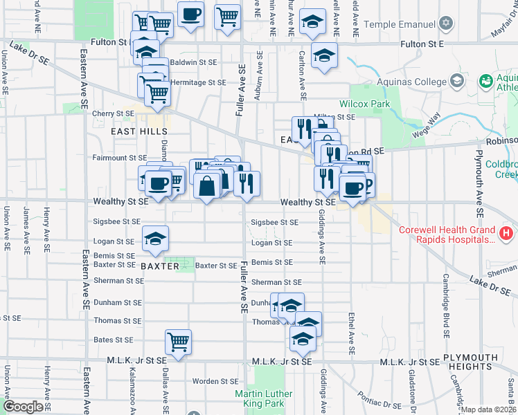 map of restaurants, bars, coffee shops, grocery stores, and more near 1234 Wealthy Street Southeast in Grand Rapids