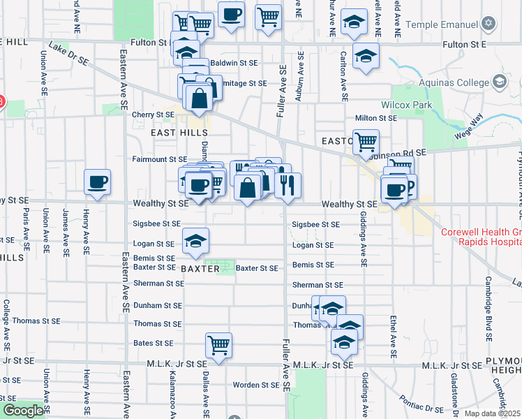 map of restaurants, bars, coffee shops, grocery stores, and more near 1118 Wealthy Street Southeast in Grand Rapids