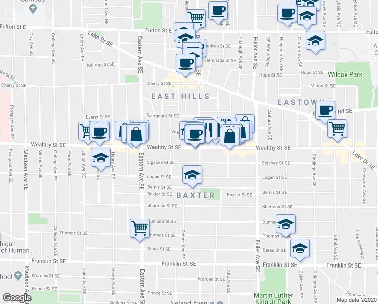 map of restaurants, bars, coffee shops, grocery stores, and more near 930 Wealthy Street Southeast in Grand Rapids