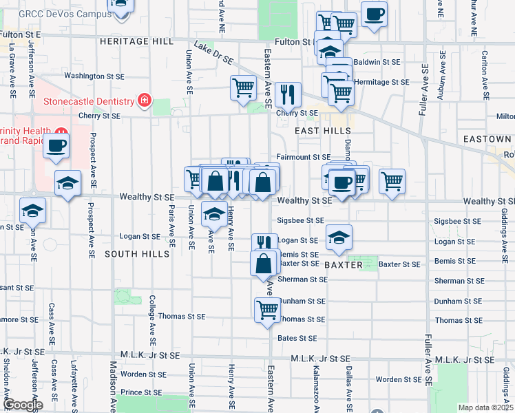 map of restaurants, bars, coffee shops, grocery stores, and more near 742 Wealthy Street Southeast in Grand Rapids