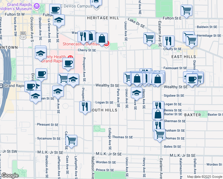 map of restaurants, bars, coffee shops, grocery stores, and more near 518 Wealthy Street Southeast in Grand Rapids