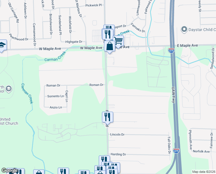 map of restaurants, bars, coffee shops, grocery stores, and more near 5163 Fenton Road in Flint