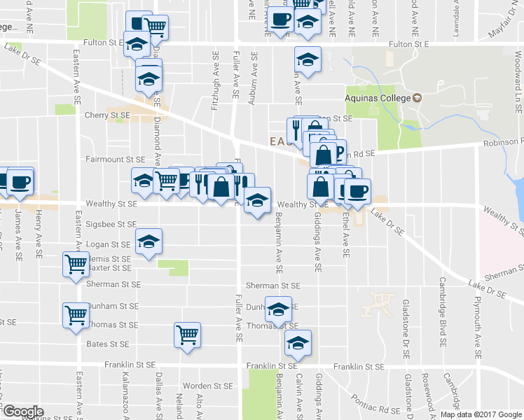 map of restaurants, bars, coffee shops, grocery stores, and more near 1234 Wealthy Street Southeast in Grand Rapids