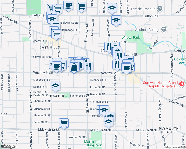map of restaurants, bars, coffee shops, grocery stores, and more near 1234 Wealthy Street Southeast in Grand Rapids