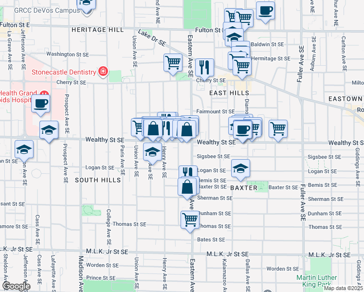 map of restaurants, bars, coffee shops, grocery stores, and more near 742 Wealthy Street Southeast in Grand Rapids