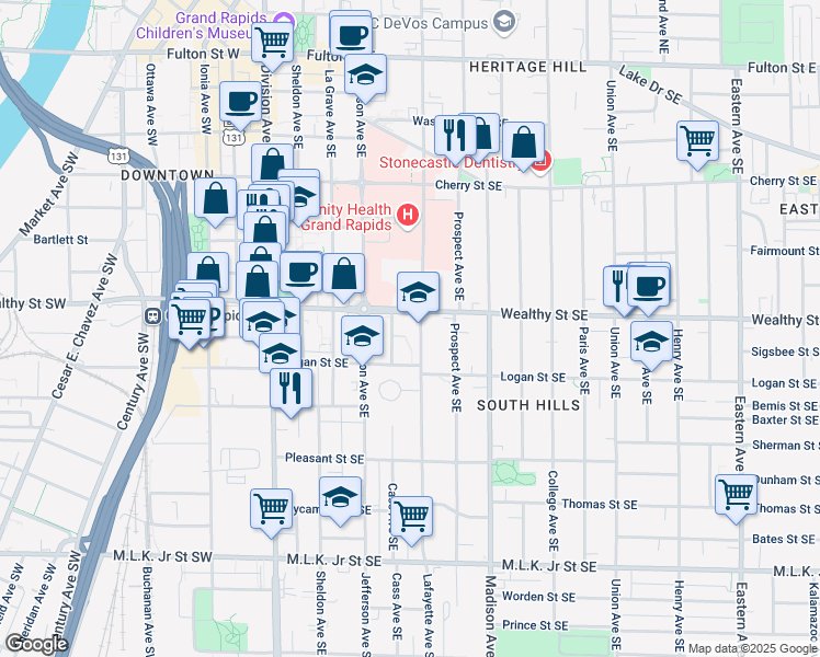 map of restaurants, bars, coffee shops, grocery stores, and more near 409 Lafayette Avenue Southeast in Grand Rapids