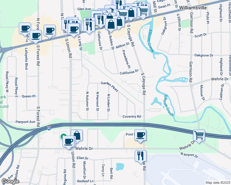 map of restaurants, bars, coffee shops, grocery stores, and more near 197 Garden Parkway in Buffalo
