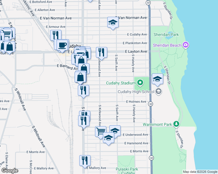 map of restaurants, bars, coffee shops, grocery stores, and more near 3737 East Carpenter Avenue in Cudahy