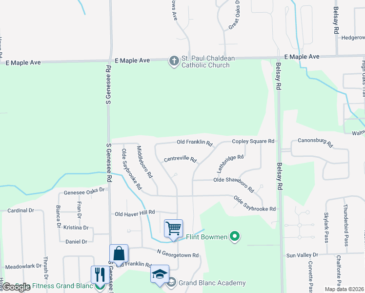 map of restaurants, bars, coffee shops, grocery stores, and more near 5532 Old Franklin Road in Grand Blanc