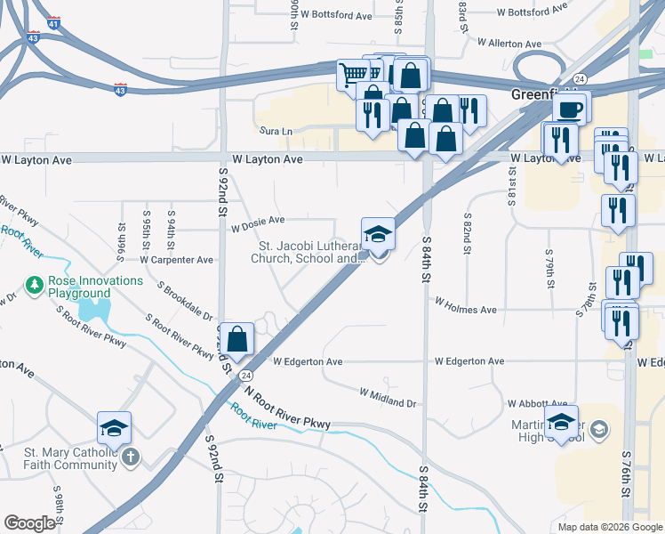 map of restaurants, bars, coffee shops, grocery stores, and more near 8734 West Forest Home Avenue in Greenfield