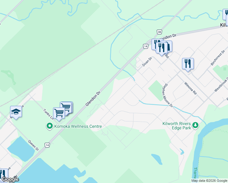 map of restaurants, bars, coffee shops, grocery stores, and more near 175 Doan Drive in Komoka