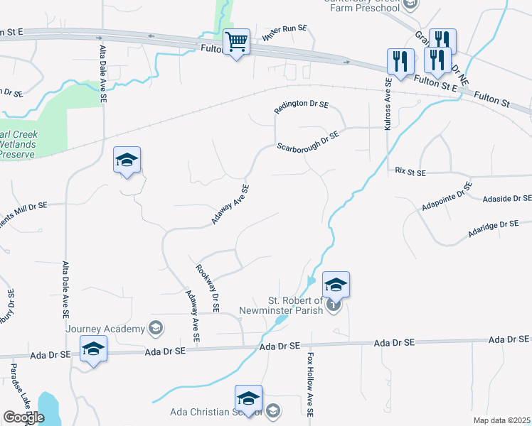 map of restaurants, bars, coffee shops, grocery stores, and more near 493 Edgeworthe Drive Southeast in Ada