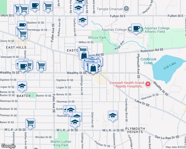 map of restaurants, bars, coffee shops, grocery stores, and more near 1500 Wealthy Street Southeast in Grand Rapids