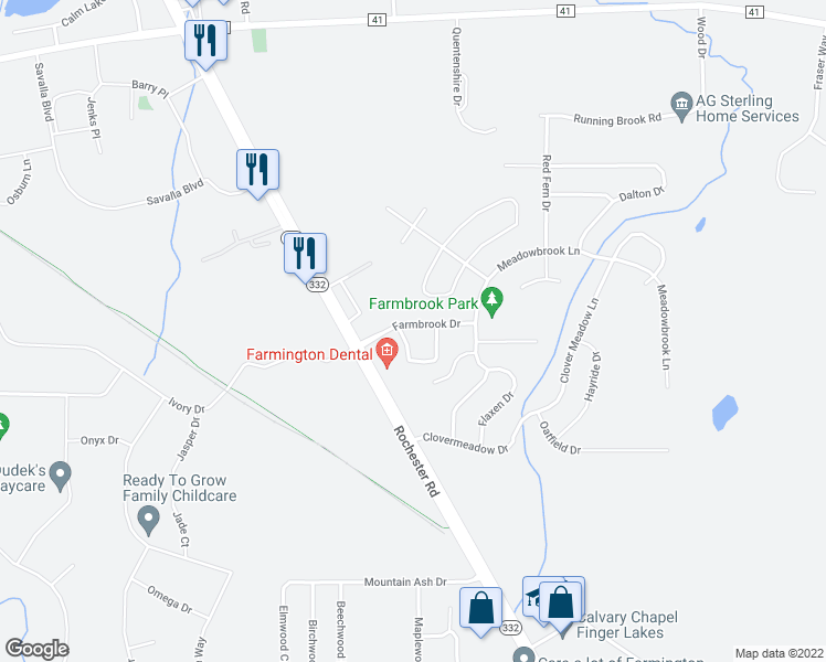 map of restaurants, bars, coffee shops, grocery stores, and more near 31 Farmbrook Drive in Farmington
